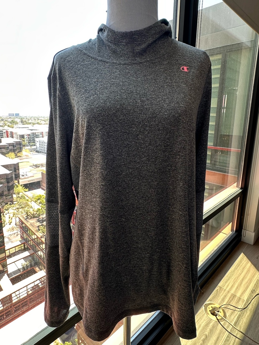 Champion Women’s Dark Heather Gray Crewneck Sweatshirt with Pink Logo